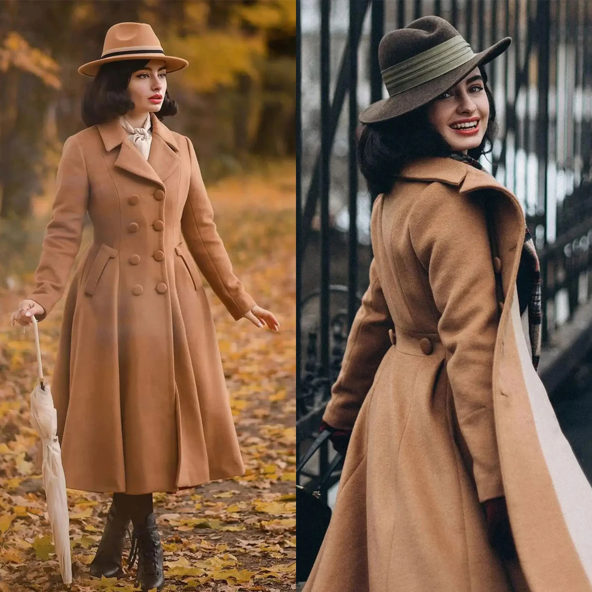 Vintage Winter Women Blazer Dress A Line Camel Long Woolen Coat Formal Casual