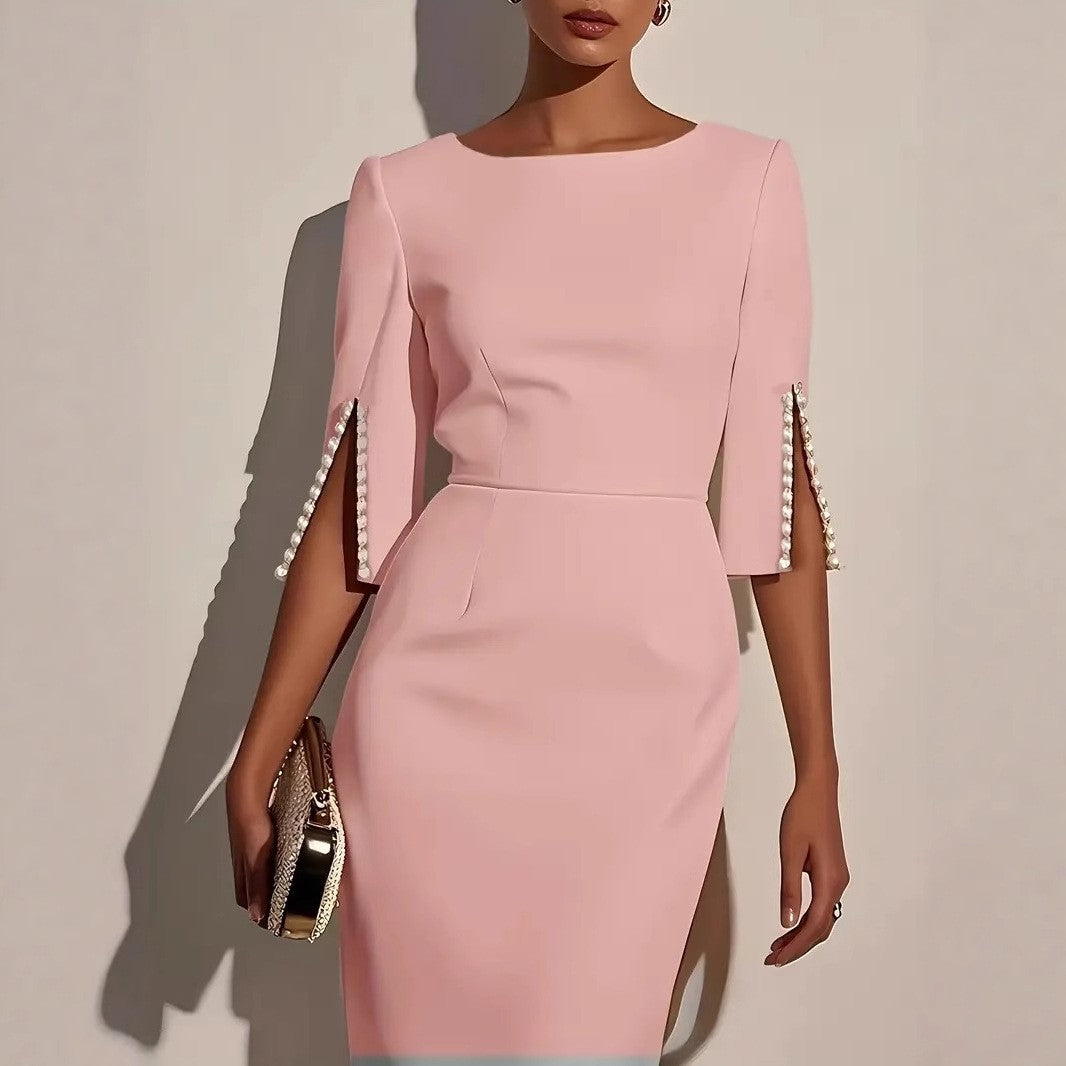 Women's fashion solid color office lady half sleeve nail bead dress female round neck slim and elegant dress Women's fashion solid color office lady half sleeve nail bead dress female round neck slim and elegant dress