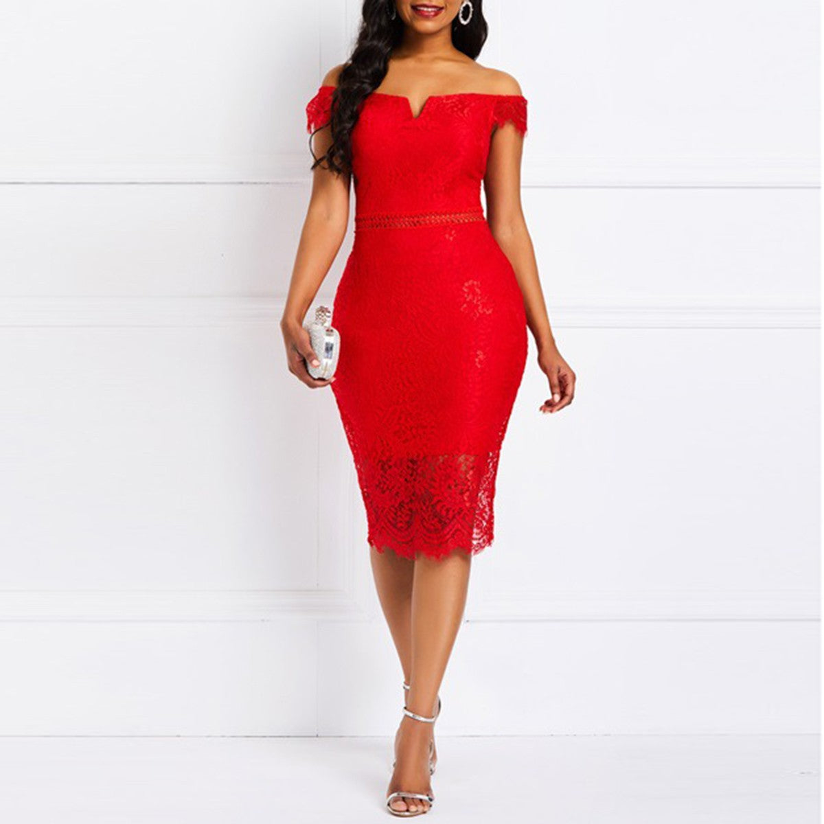 Women's summer sexy short-sleeved V-neck lace dress casual fashion women's slim dress Women's summer sexy short-sleeved V-neck lace dress casual fashion women's slim dress
