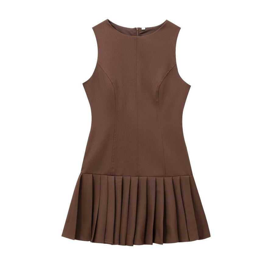 Traf2024 new product 3D cut out mini dress, pleated skirt design, brown sleeveless round neck short dress for womenTraf2024 new product 3D cut out mini dress, pleated skirt design, brown sleeveless round neck short dress for women