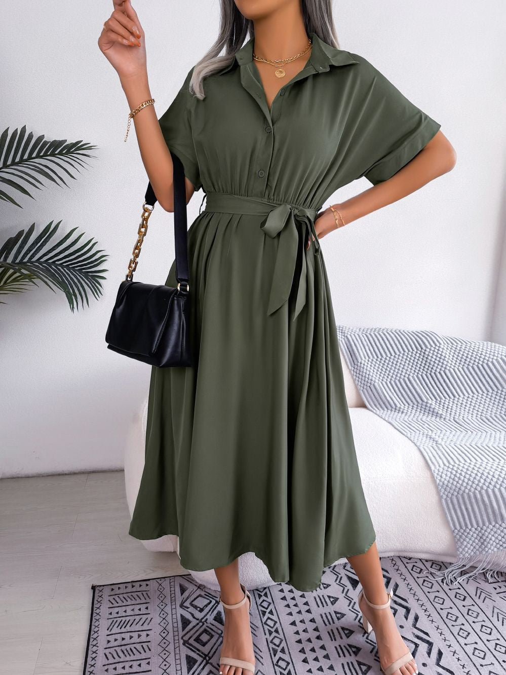 Women Summer Slim Waist Lace Up Dresses 2025 Casual Solid Color Turn Down Collar Short Sleeve A Line Dress Green Red Blue Women Summer Slim Waist Lace Up Dresses 2025 Casual Solid Color Turn Down Collar Short Sleeve A Line Dress Green Red Blue