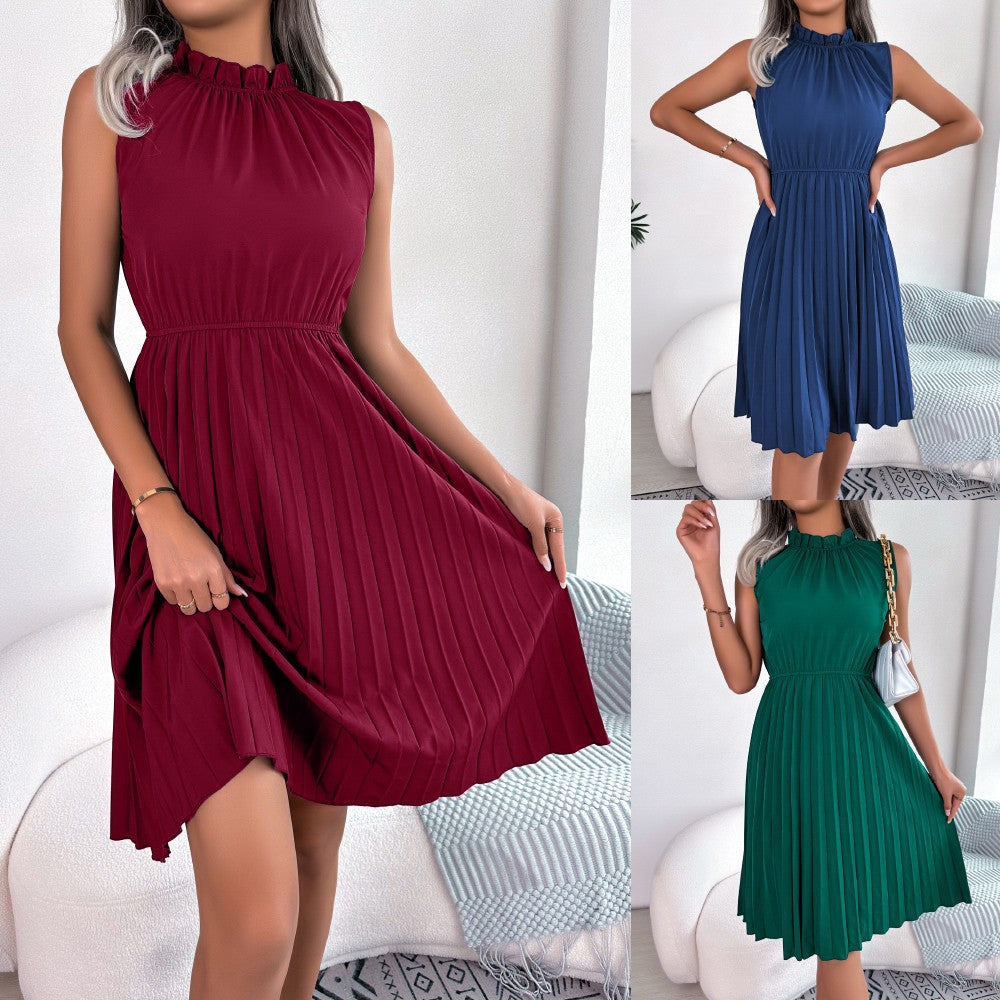Women summer casual ruffles sleeveless pleated knee-length dress solid dresses Women summer casual ruffles sleeveless pleated knee-length dress solid dresses