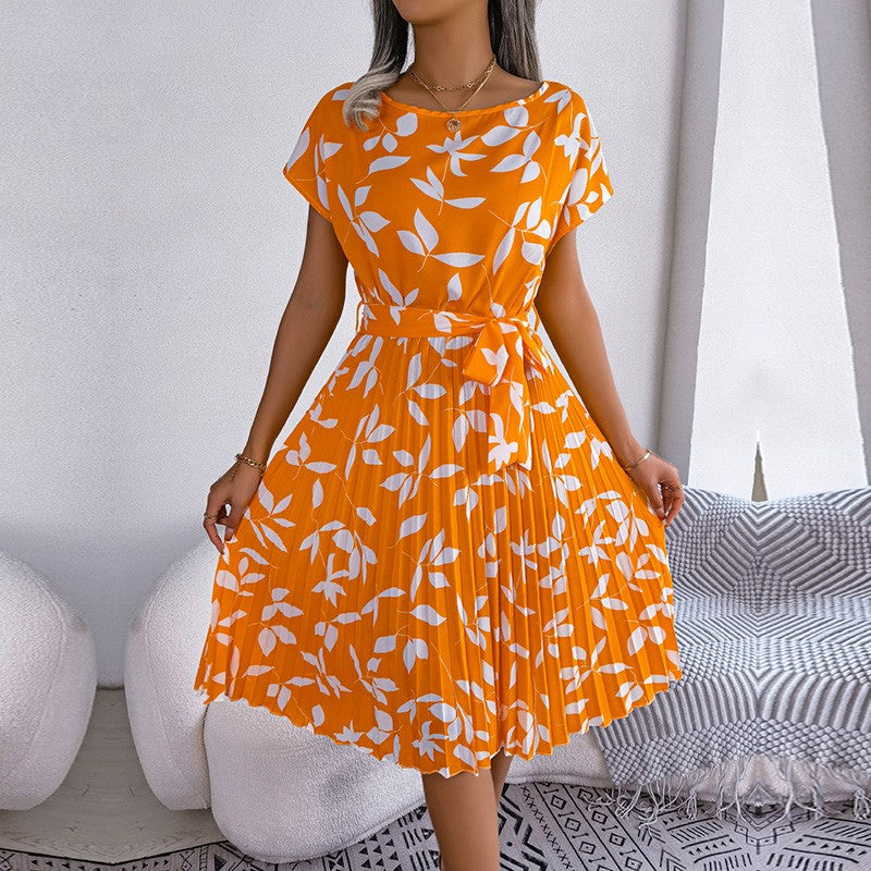 Women's short sleeve pleated long dress, high waist, chic, floral design, fashion, spring and summer Women's short sleeve pleated long dress, high waist, chic, floral design, fashion, spring and summer