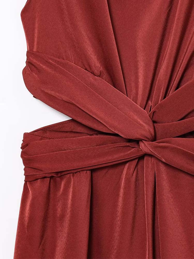 Women Summer Midi Dresses 2025 Fashion Solid Pleated Hollow Out Satin Female Elegant Street Dresses Clothing Women Summer Midi Dresses 2025 Fashion Solid Pleated Hollow Out Satin Female Elegant Street Dresses Clothing