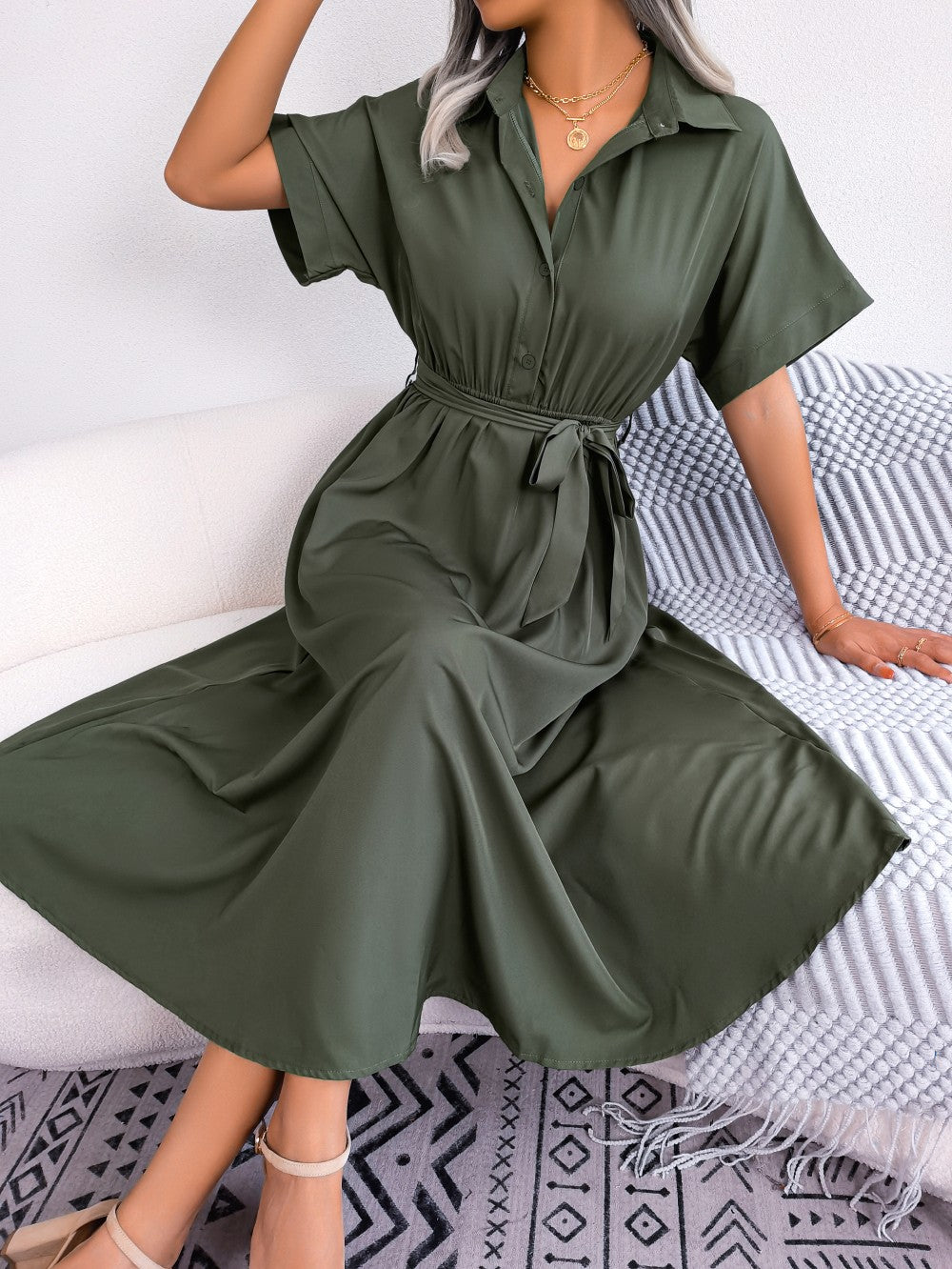 Women Summer Slim Waist Lace Up Dresses 2025 Casual Solid Color Turn Down Collar Short Sleeve A Line Dress Green Red Blue Women Summer Slim Waist Lace Up Dresses 2025 Casual Solid Color Turn Down Collar Short Sleeve A Line Dress Green Red Blue