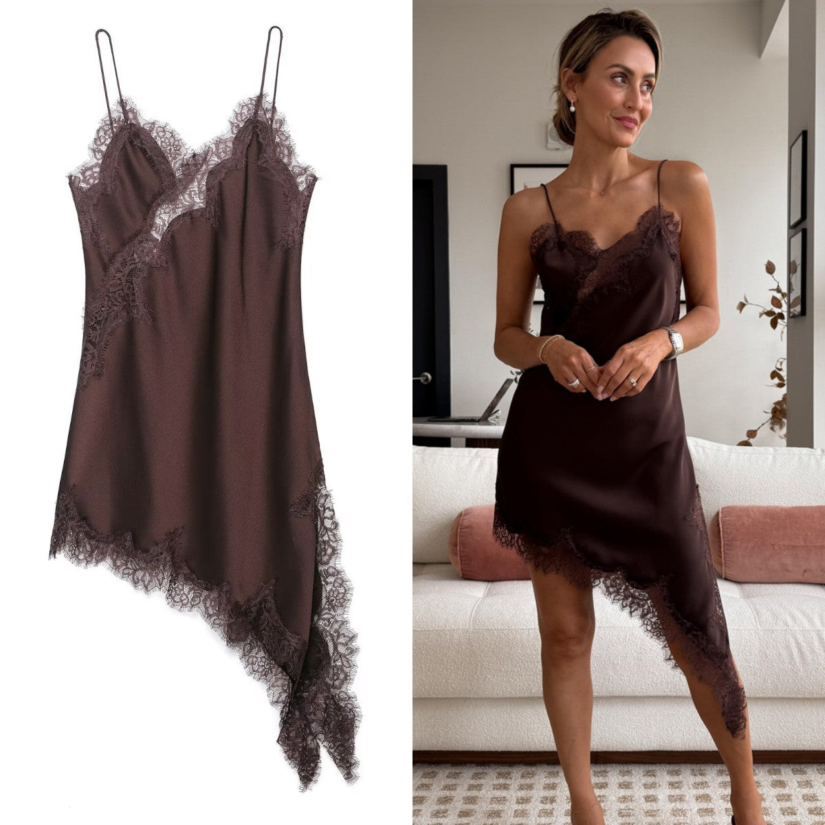 UNIZERA Women's Sexy Suspender Lace Asymmetrical Dress Summer 2025 New Elegant Temperament UNIZERA Women's Sexy Suspender Lace Asymmetrical Dress Summer 2025 New Elegant Temperament