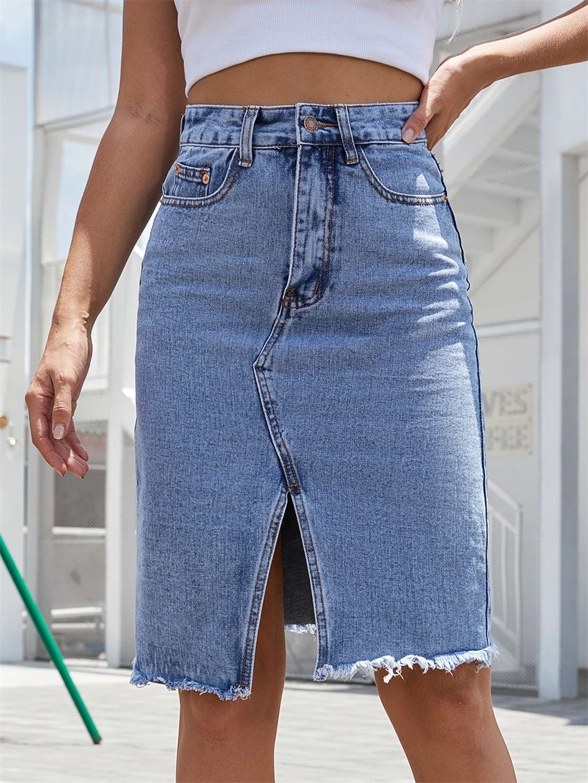 Women's Front Slit Blue Denim Skirt Pockets High Waist Slim Zipper Fly Midi Skirts 2023 Spring Female Casual Streetwear Women's Front Slit Blue Denim Skirt Pockets High Waist Slim Zipper Fly Midi Skirts 2023 Spring Female Casual Streetwear