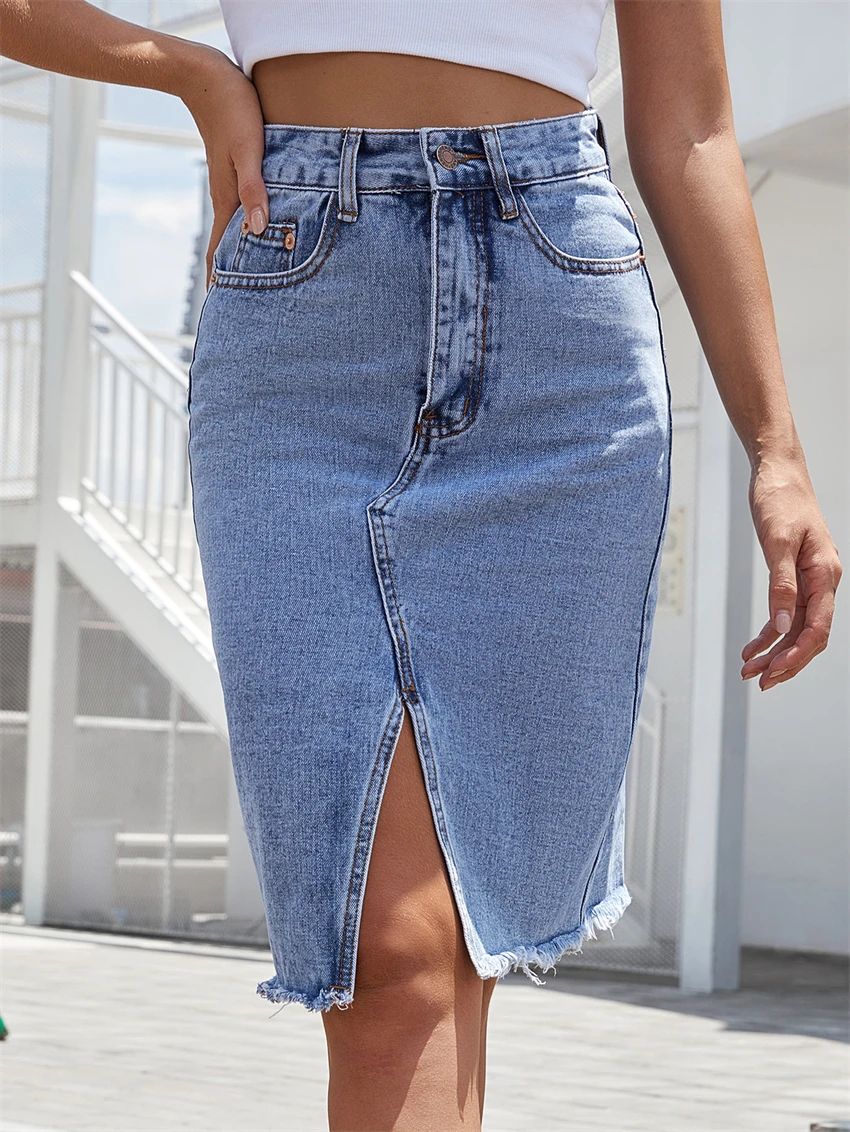 Women's Front Slit Blue Denim Skirt Pockets High Waist Slim Zipper Fly Midi Skirts 2023 Spring Female Casual Streetwear Women's Front Slit Blue Denim Skirt Pockets High Waist Slim Zipper Fly Midi Skirts 2023 Spring Female Casual Streetwear