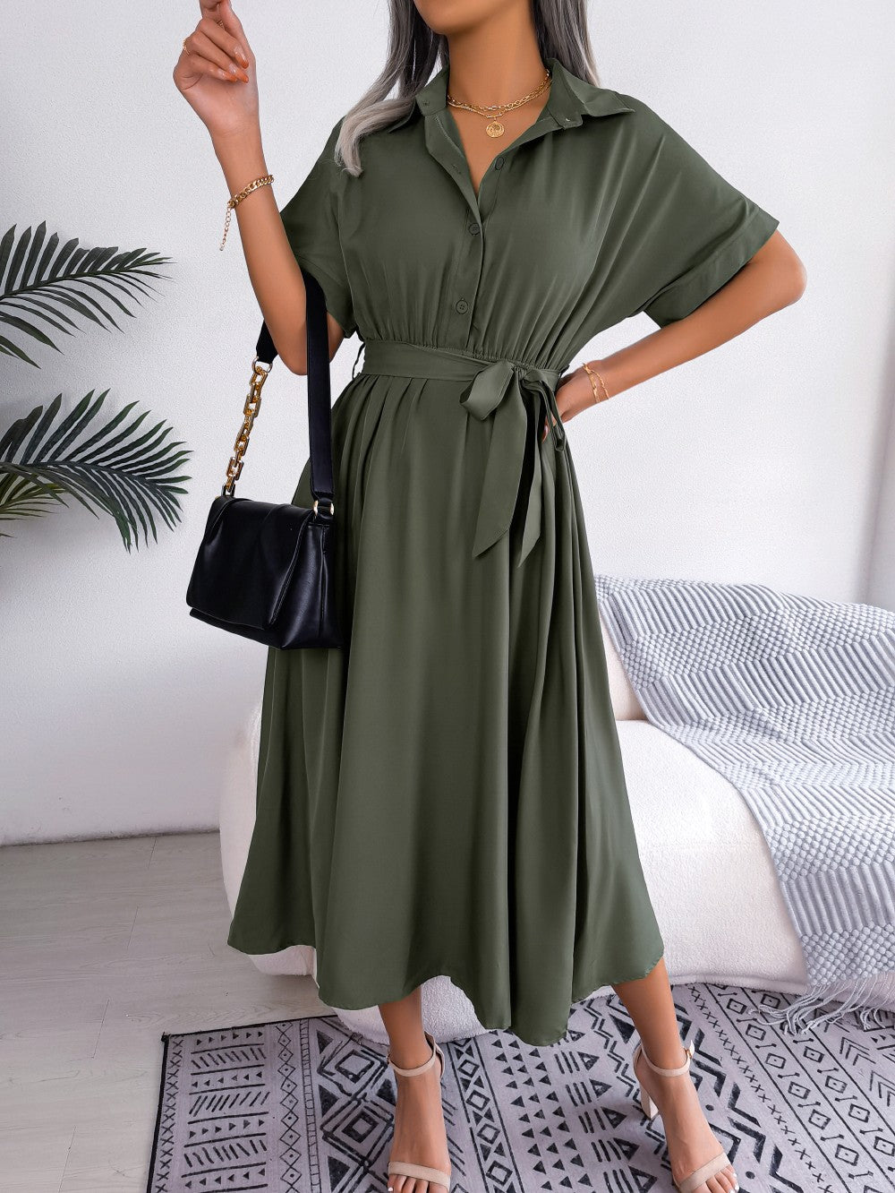 Women Summer Slim Waist Lace Up Dresses 2025 Casual Solid Color Turn Down Collar Short Sleeve A Line Dress Green Red Blue Women Summer Slim Waist Lace Up Dresses 2025 Casual Solid Color Turn Down Collar Short Sleeve A Line Dress Green Red Blue