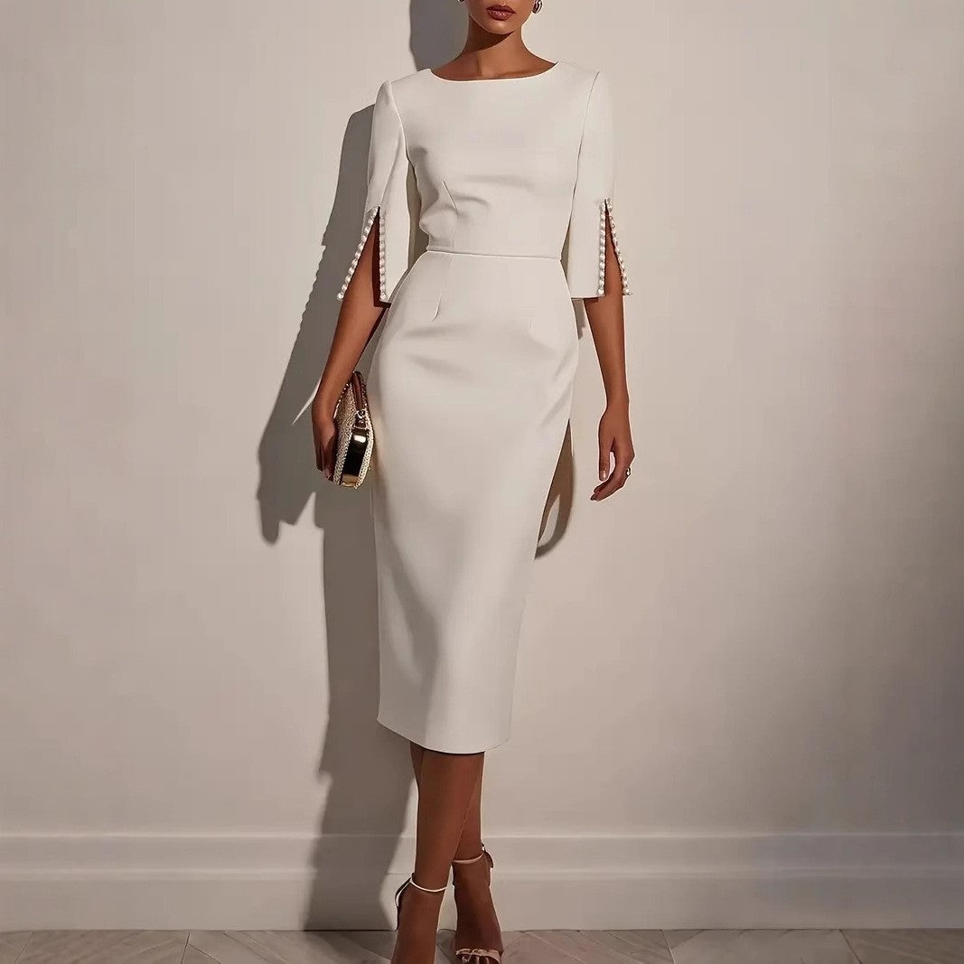 Women's fashion solid color office lady half sleeve nail bead dress female round neck slim and elegant dress Women's fashion solid color office lady half sleeve nail bead dress female round neck slim and elegant dress