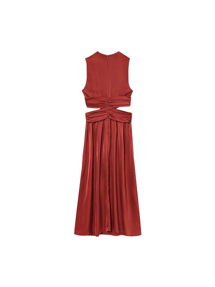 Women Summer Midi Dresses 2025 Fashion Solid Pleated Hollow Out Satin Female Elegant Street Dresses Clothing Women Summer Midi Dresses 2025 Fashion Solid Pleated Hollow Out Satin Female Elegant Street Dresses Clothing