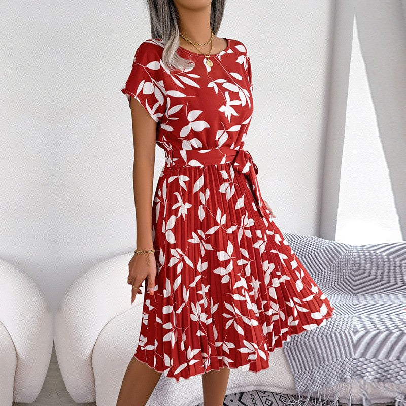 Women's short sleeve pleated long dress, high waist, chic, floral design, fashion, spring and summer Women's short sleeve pleated long dress, high waist, chic, floral design, fashion, spring and summer