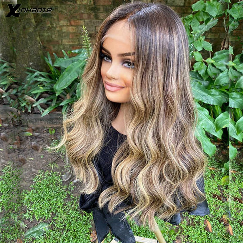Lace Frontal Body Wave Wig, Raízes marrons, Ombre Blonde, 13x4 Lace Front Peruc