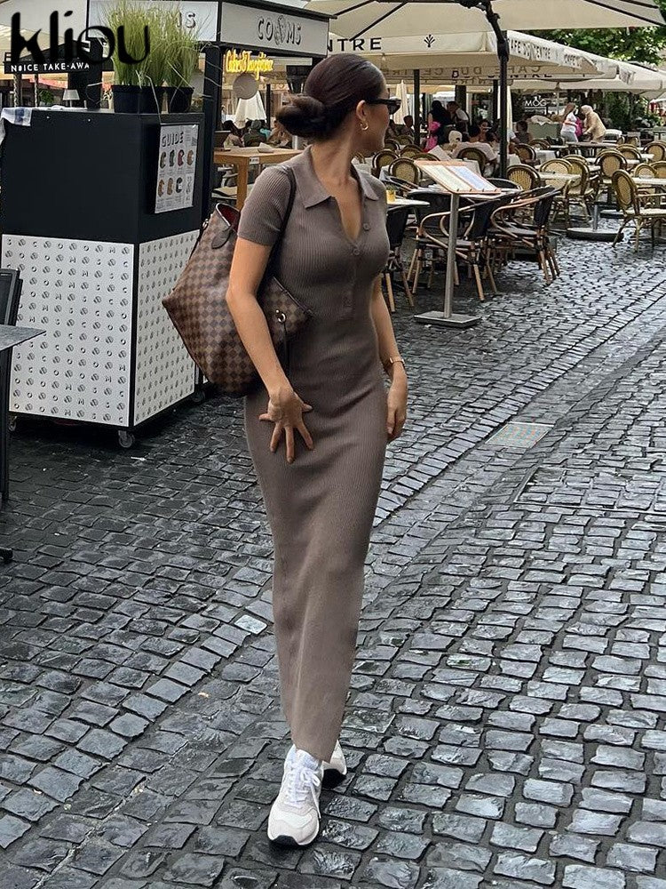 Kliou elegante senhora do escritório maxi vestido feminino sólido moda turn-do