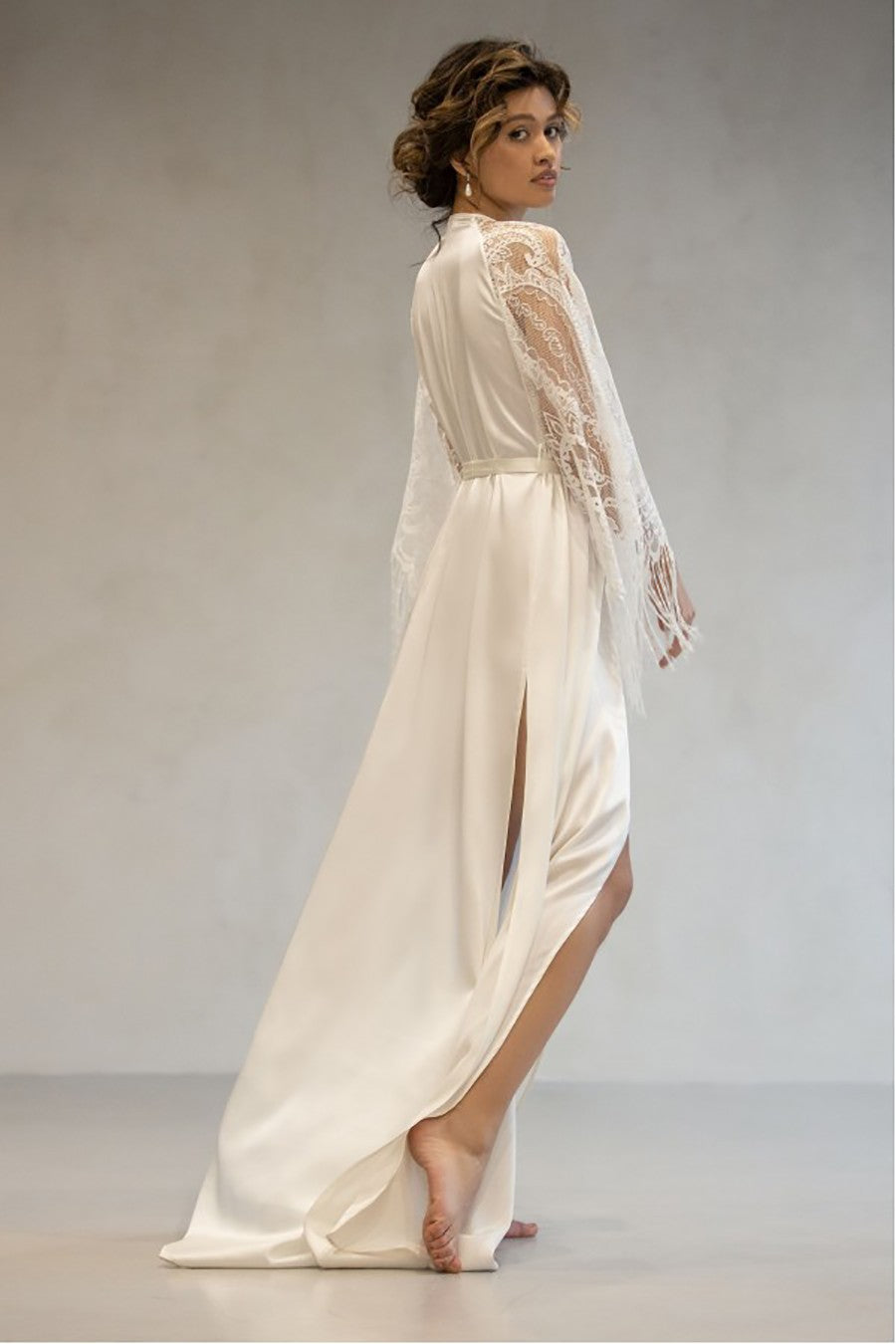 Satin Wedding Robes for Brides, Lace Tassels, Pagoda Sleeves, Long Gowns, Custom Gown, White Ivory Robes, Plus Size Satin Wedding Robes for Brides, Lace Tassels, Pagoda Sleeves, Long Gowns, Custom Gown, White Ivory Robes, Plus Size