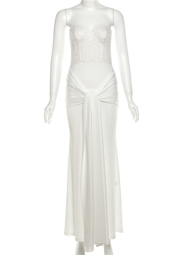 Kliou Sequin Patchwork Women Maxi Dress Stunning Sexy Strapless Stacked Pleated Sheath Long Robe Mujer Festival Elegant Dress