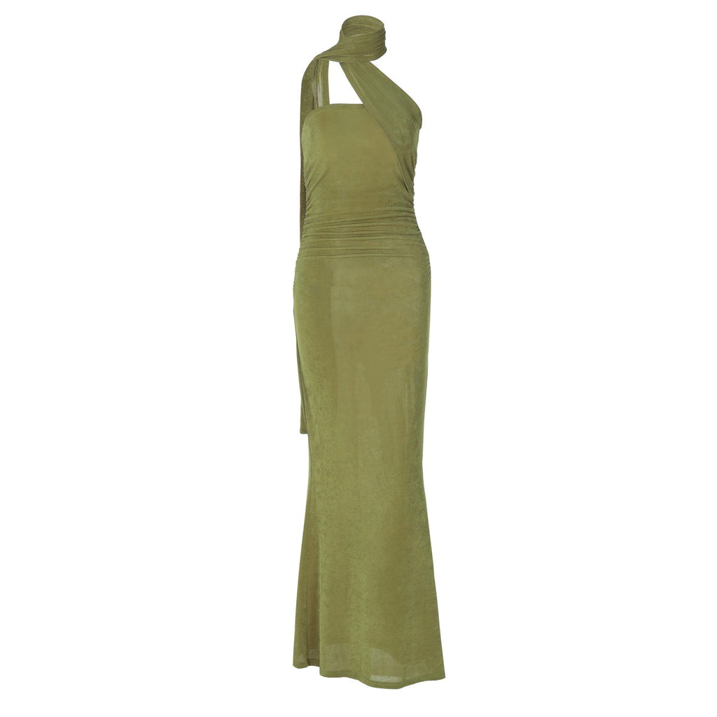 Hugcitar halter sólido sem mangas sem costas franzido sexy bodycon maxi vestido