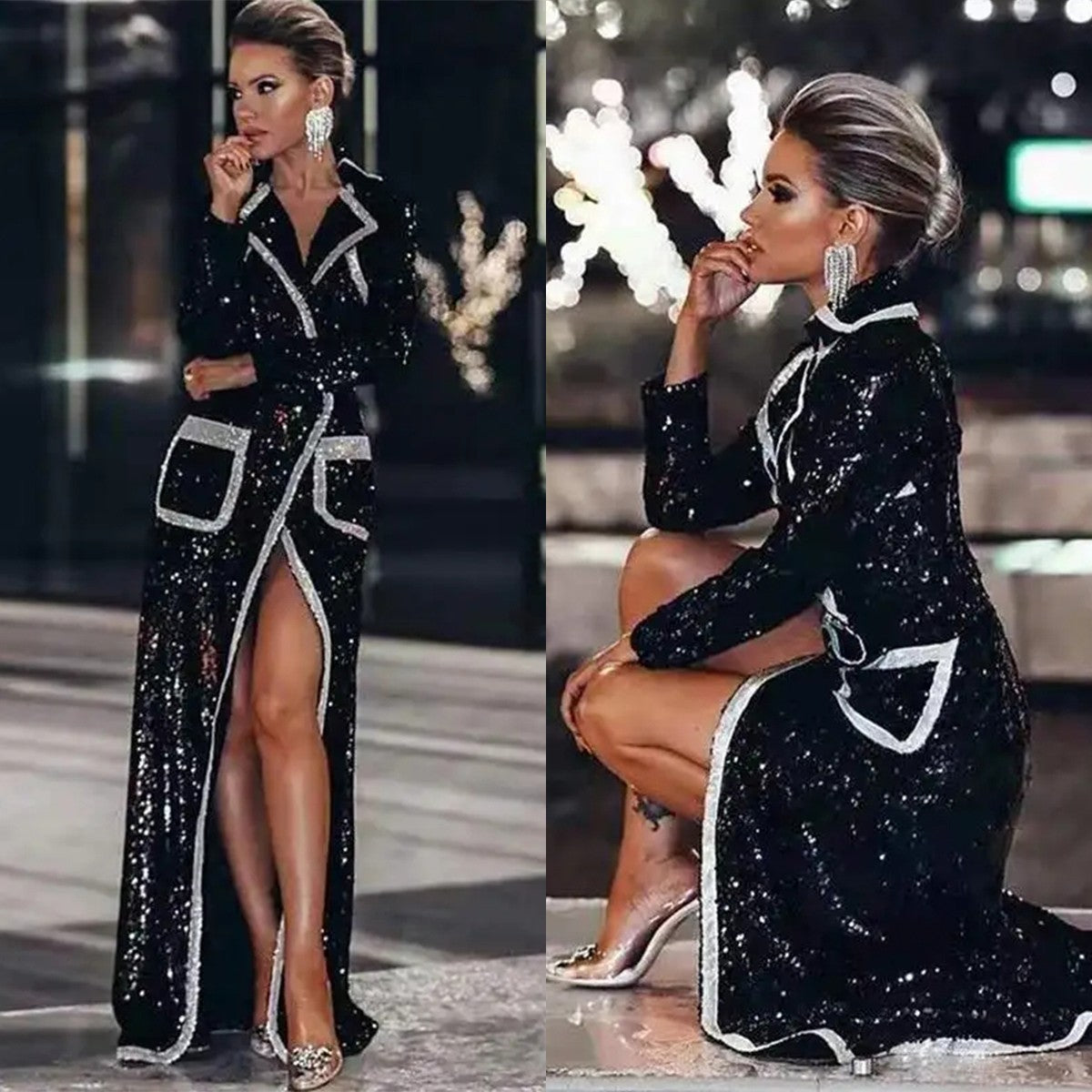 Luxury Sequin Women Long Blazer Dress Patchwork Slim Fit High Slit Coat Formal Wear Custom Coat Evening Party OutfitsLuxury Sequin Women Long Blazer Dress Patchwork Slim Fit High Slit Coat Formal Wear Custom Coat Evening Party Outfits