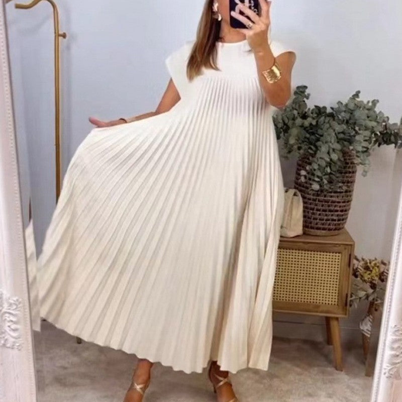 Elegant loose summer party dresses women fashion short sleeve casual a-line pleated long dress o-neck solid robe simple clothesElegant loose summer party dresses women fashion short sleeve casual a-line pleated long dress o-neck solid robe simple clothes