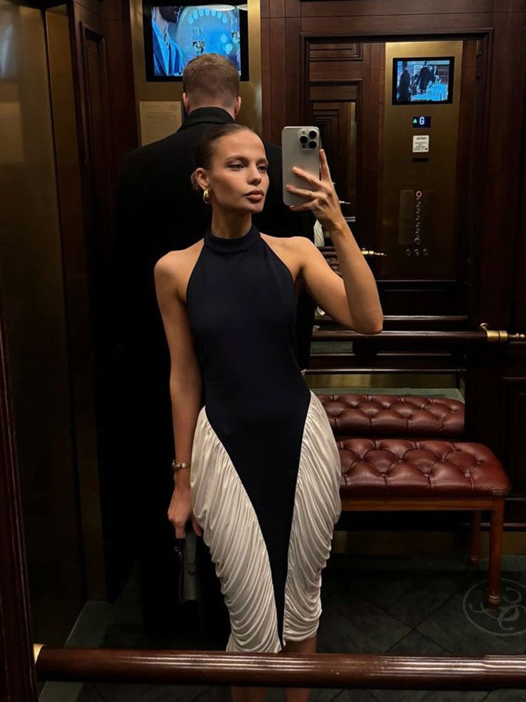 Elegant Halter Backless Bodycon Midi Dress Women 2025 Contrast Color Folds Party Evening Dresses Summer Chic Sleeveless Robes Elegant Halter Backless Bodycon Midi Dress Women 2025 Contrast Color Folds Party Evening Dresses Summer Chic Sleeveless Robes