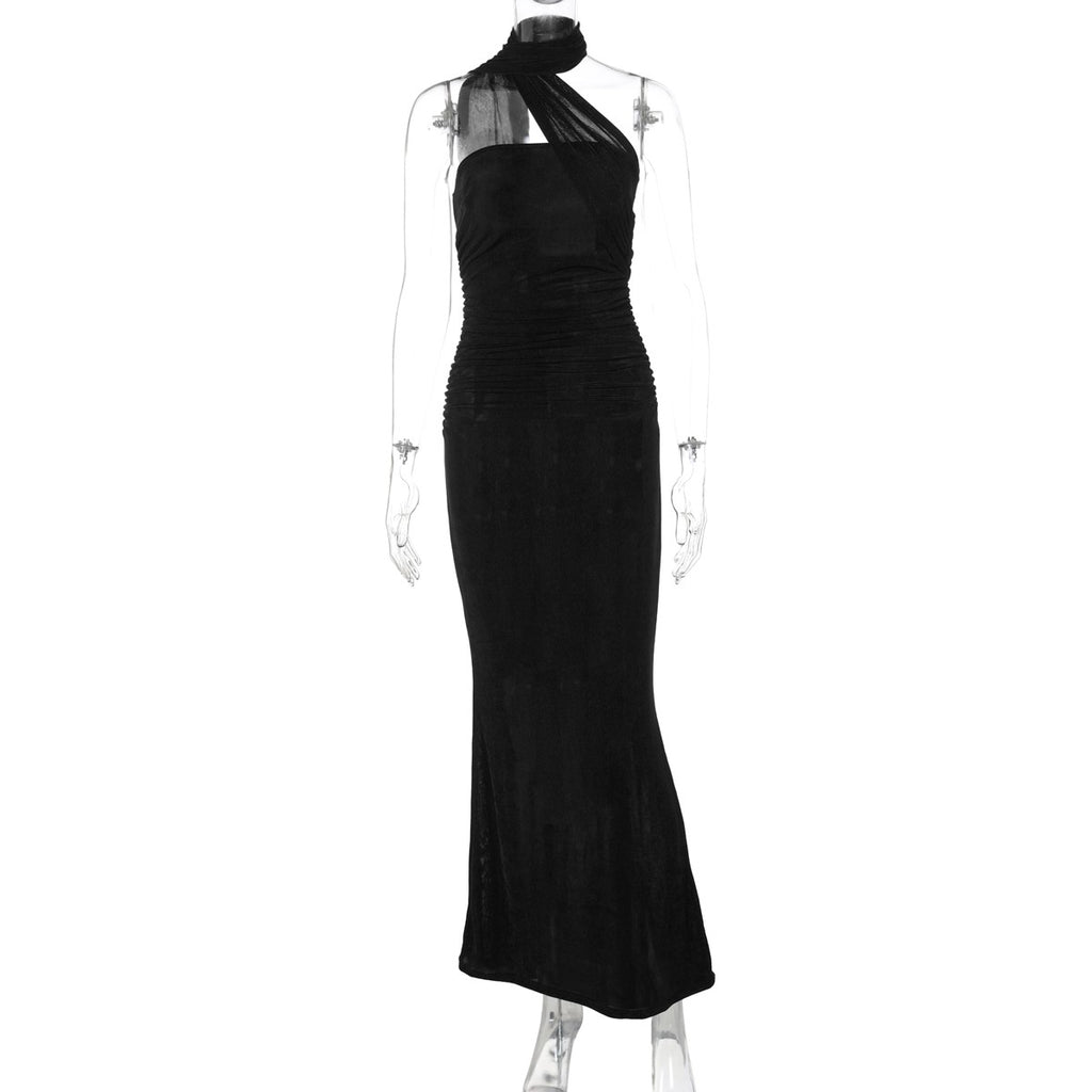 Hugcitar halter sólido sem mangas sem costas franzido sexy bodycon maxi vestido