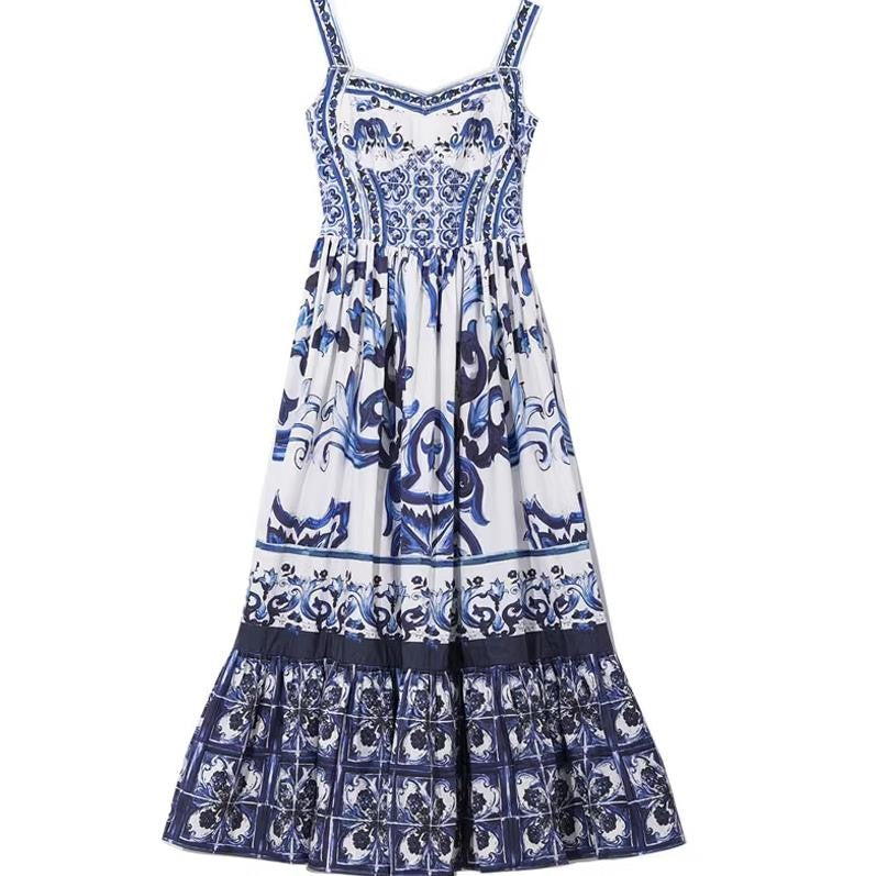 Women's V-neck Red Blue and White Print Spaghetti Strap Holiday Maxi Dress Summer Runway Floral Print Holiday Long Robes Women's V-neck Red Blue and White Print Spaghetti Strap Holiday Maxi Dress Summer Runway Floral Print Holiday Long Robes