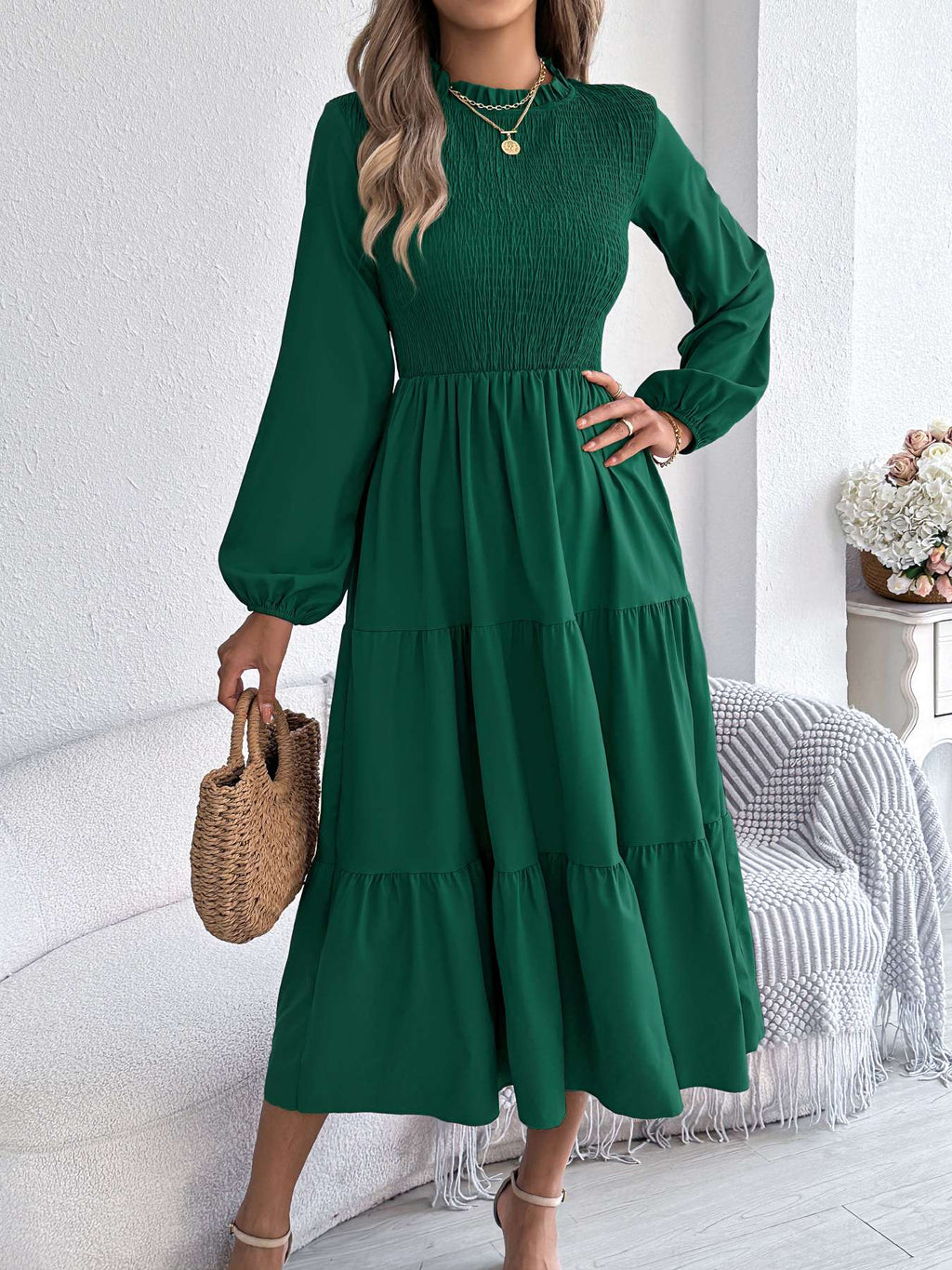 Autumn Winter Elegant Dresses for Women Solid Color Round Neck Long Sleeve Ruffles Dresses Khaki Green Red Autumn Winter Elegant Dresses for Women Solid Color Round Neck Long Sleeve Ruffles Dresses Khaki Green Red