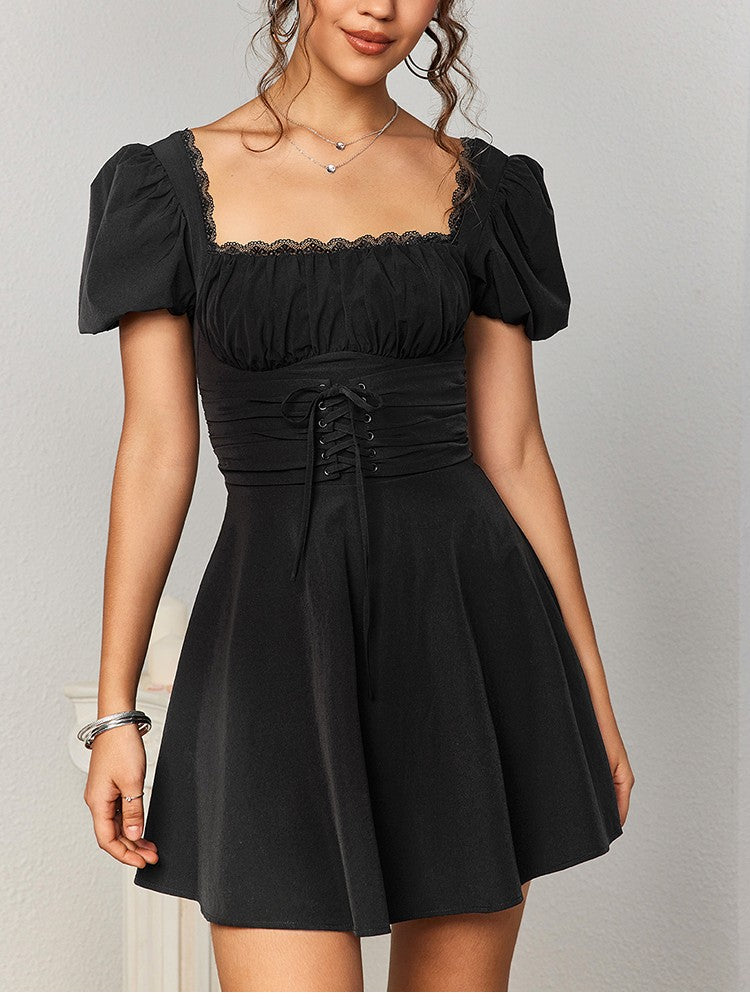 NewAsia-Women's Puff Sleeve Lace Mini Dress, Backless, Square Neck, Ruched, Short, Casual, Vacation, Party Wear, Waist Tie UpNewAsia-Women's Puff Sleeve Lace Mini Dress, Backless, Square Neck, Ruched, Short, Casual, Vacation, Party Wear, Waist Tie Up