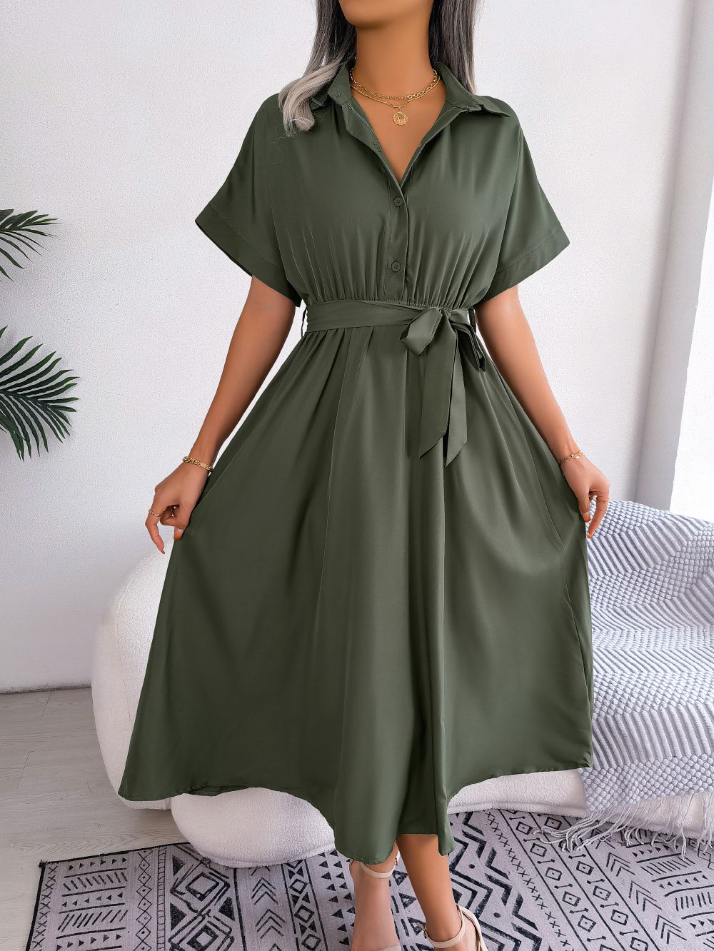 Women Summer Slim Waist Lace Up Dresses 2025 Casual Solid Color Turn Down Collar Short Sleeve A Line Dress Green Red Blue Women Summer Slim Waist Lace Up Dresses 2025 Casual Solid Color Turn Down Collar Short Sleeve A Line Dress Green Red Blue