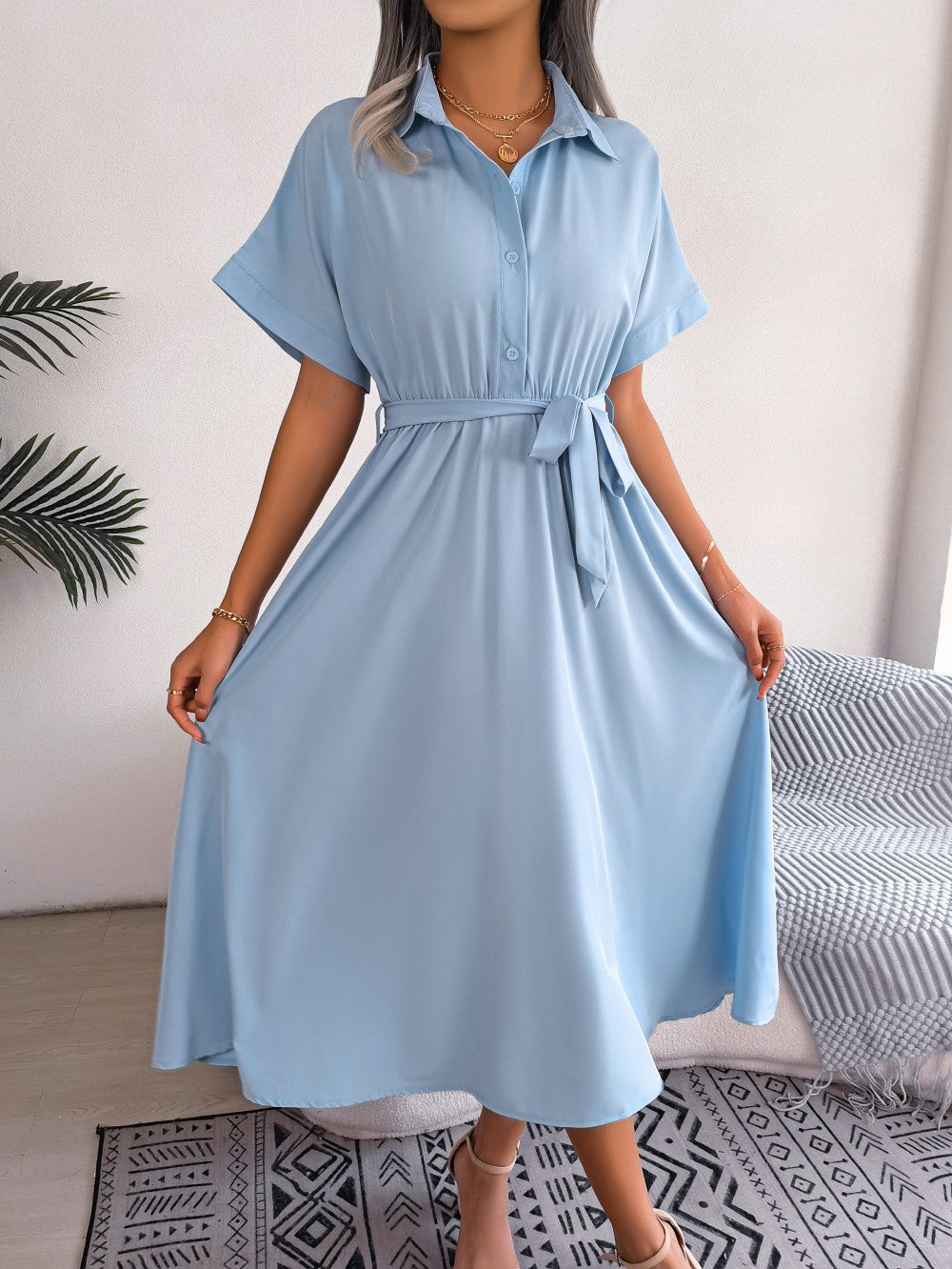 Women Summer Slim Waist Lace Up Dresses 2025 Casual Solid Color Turn Down Collar Short Sleeve A Line Dress Green Red Blue Women Summer Slim Waist Lace Up Dresses 2025 Casual Solid Color Turn Down Collar Short Sleeve A Line Dress Green Red Blue