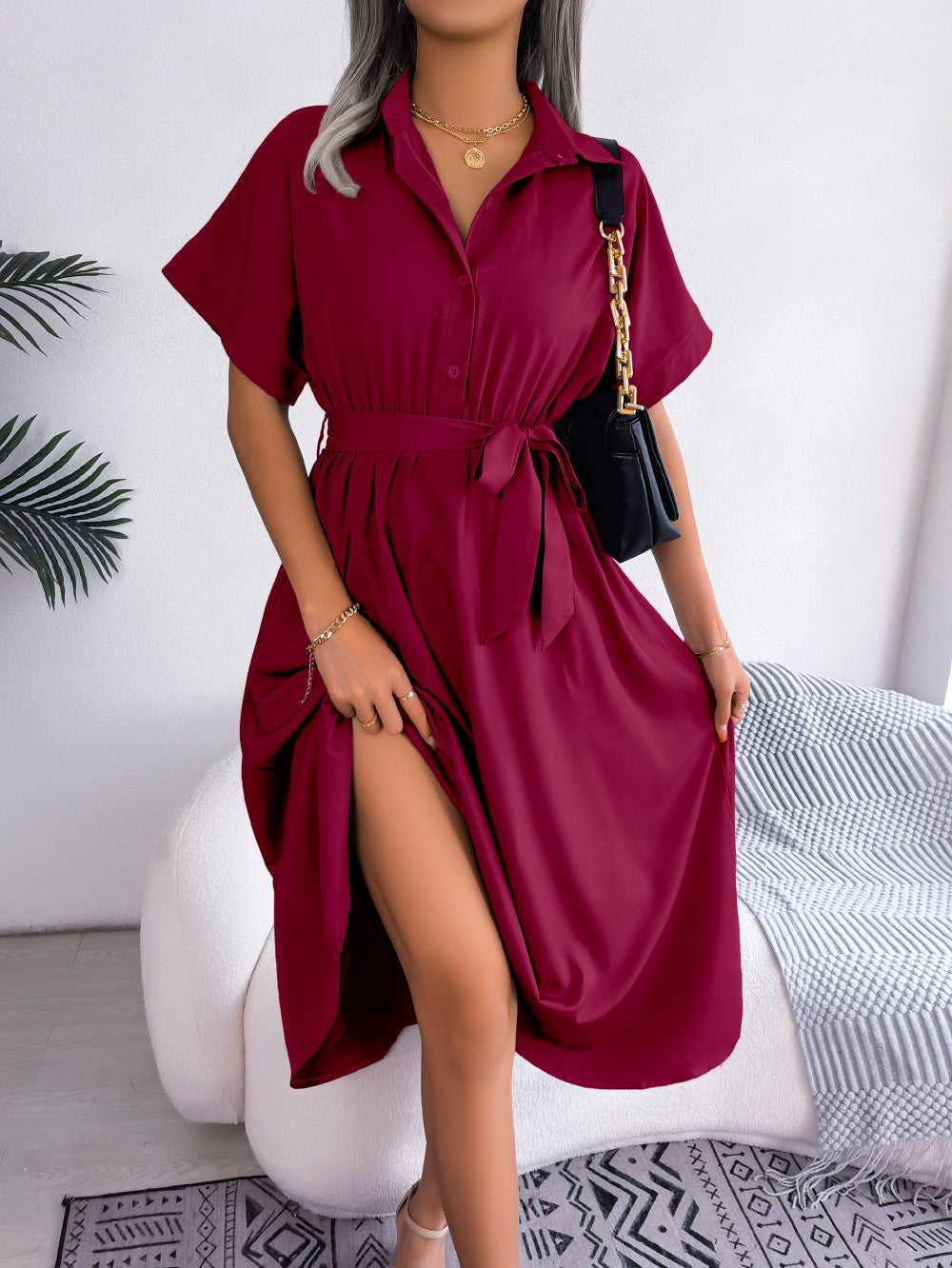 Women Summer Slim Waist Lace Up Dresses 2025 Casual Solid Color Turn Down Collar Short Sleeve A Line Dress Green Red Blue Women Summer Slim Waist Lace Up Dresses 2025 Casual Solid Color Turn Down Collar Short Sleeve A Line Dress Green Red Blue
