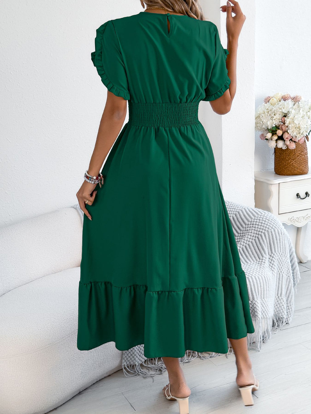 Casual elegant round neck ruffles cinched waist dress long dresses spring summer fashion women dressCasual elegant round neck ruffles cinched waist dress long dresses spring summer fashion women dress
