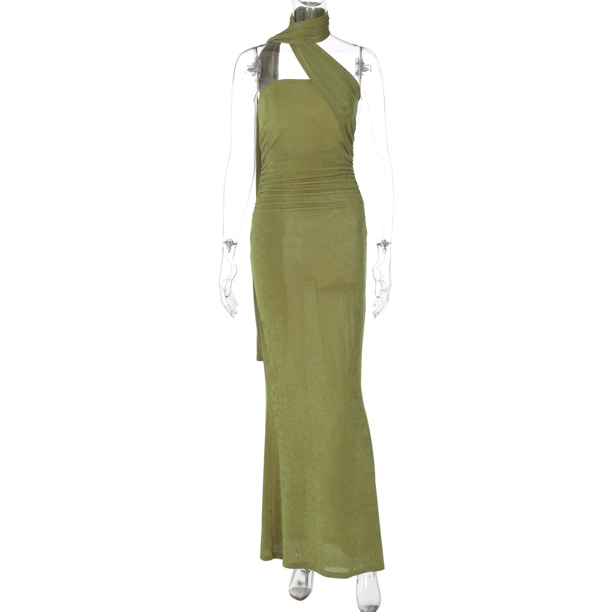 Hugcitar halter sólido sem mangas sem costas franzido sexy bodycon maxi vestido