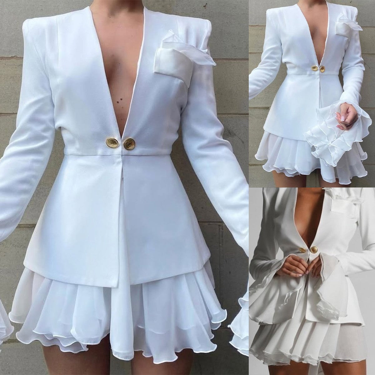 Lovely Women's Blazer Dress Chiffon Patchwork Pleated Mini Dress A-Line Custom Wedding Guest Dress Long Sleeves Party One PieceLovely Women's Blazer Dress Chiffon Patchwork Pleated Mini Dress A-Line Custom Wedding Guest Dress Long Sleeves Party One Piece