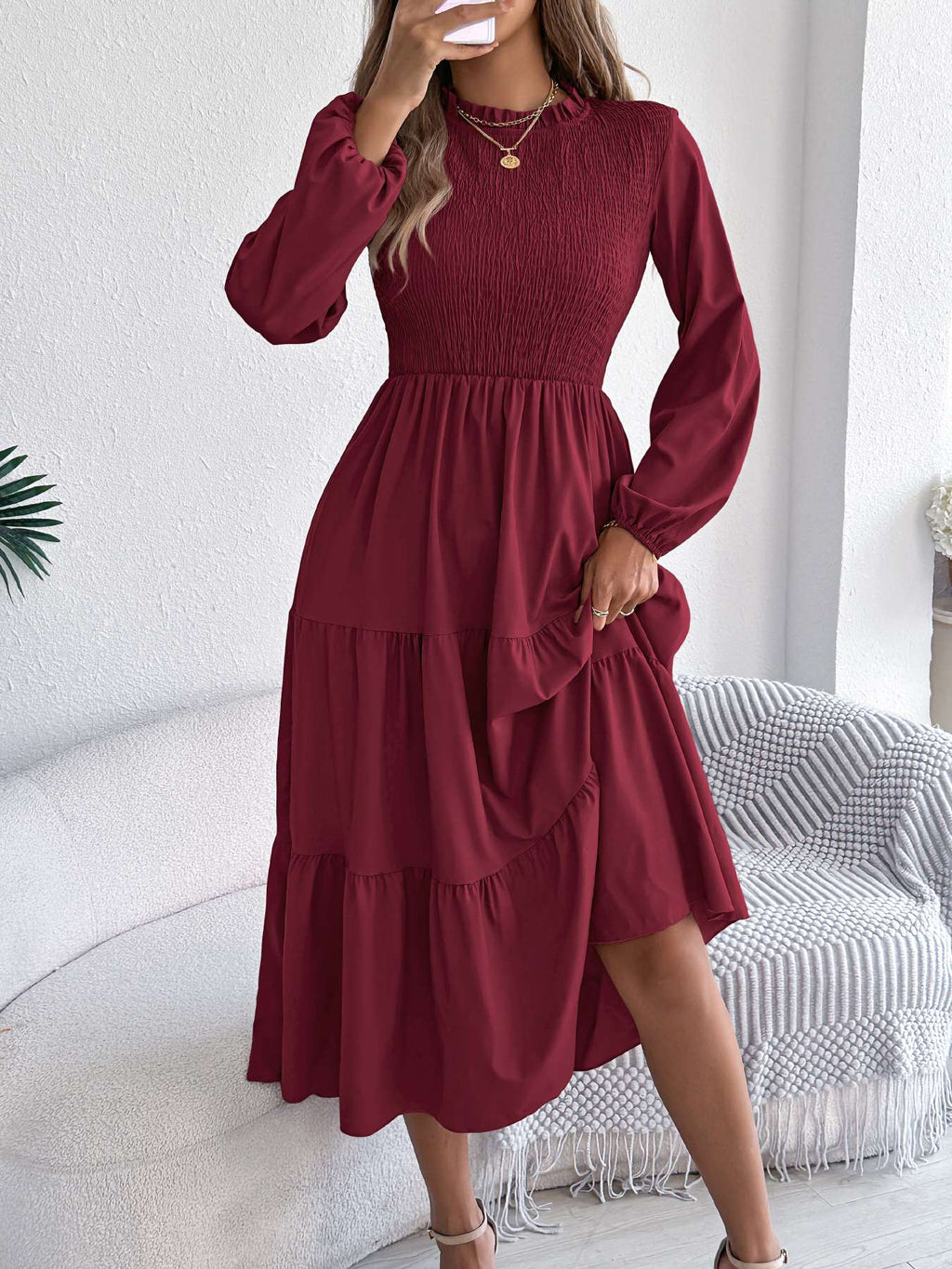 Autumn Winter Elegant Dresses for Women Solid Color Round Neck Long Sleeve Ruffles Dresses Khaki Green Red Autumn Winter Elegant Dresses for Women Solid Color Round Neck Long Sleeve Ruffles Dresses Khaki Green Red