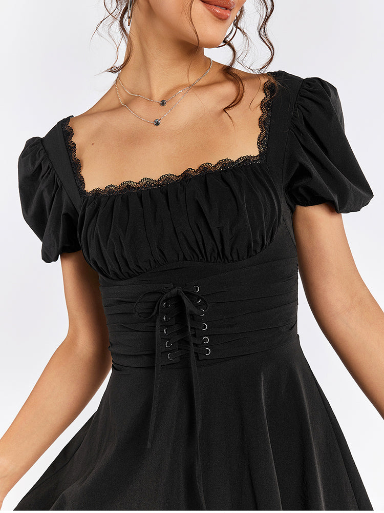 NewAsia-Women's Puff Sleeve Lace Mini Dress, Backless, Square Neck, Ruched, Short, Casual, Vacation, Party Wear, Waist Tie UpNewAsia-Women's Puff Sleeve Lace Mini Dress, Backless, Square Neck, Ruched, Short, Casual, Vacation, Party Wear, Waist Tie Up