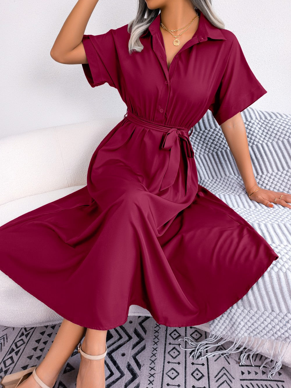Women Summer Slim Waist Lace Up Dresses 2025 Casual Solid Color Turn Down Collar Short Sleeve A Line Dress Green Red Blue Women Summer Slim Waist Lace Up Dresses 2025 Casual Solid Color Turn Down Collar Short Sleeve A Line Dress Green Red Blue