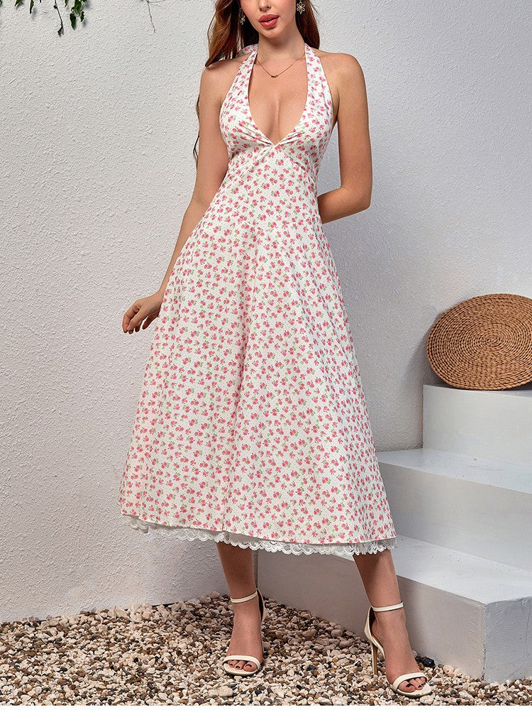 NewAsia Women's Sexy Deep V Neck Backless Floral Print Midi Dress Lace Halter Tie Up Fashion Casual Holiday Long Dresses Yellow NewAsia Women's Sexy Deep V Neck Backless Floral Print Midi Dress Lace Halter Tie Up Fashion Casual Holiday Long Dresses Yellow