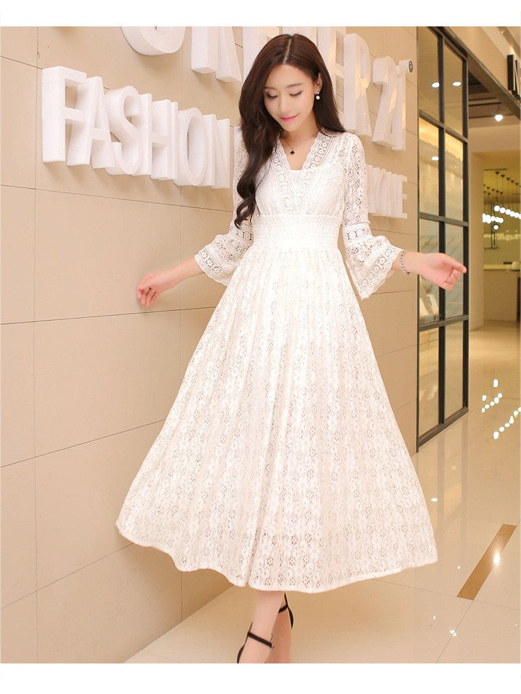 Slim fit women's lace V-neck beach dress holiday fashion trendy floral printed mid-length one-piece skirt Slim fit women's lace V-neck beach dress holiday fashion trendy floral printed mid-length one-piece skirt
