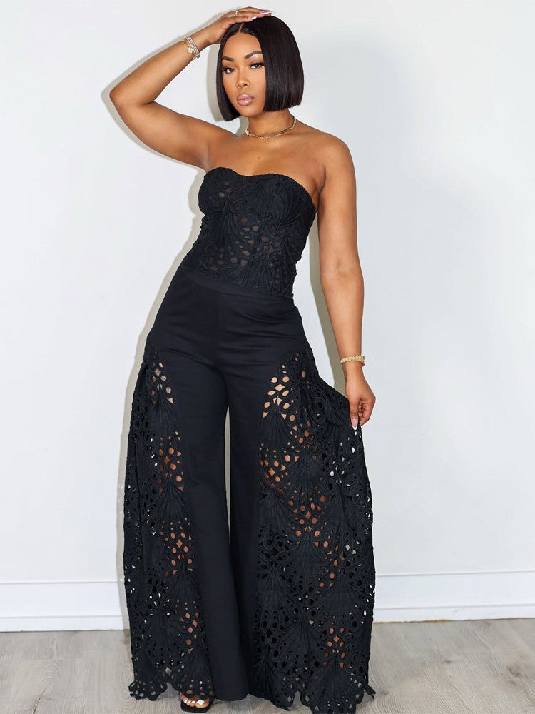 Beyprern Elegant Hollow Out Lace Chest Croset Tube Top and Wide Leg Pants Set Womens Lace Palazzo Tracksuits Set Sexy Clubwear Beyprern Elegant Hollow Out Lace Chest Croset Tube Top and Wide Leg Pants Set Womens Lace Palazzo Tracksuits Set Sexy Clubwear