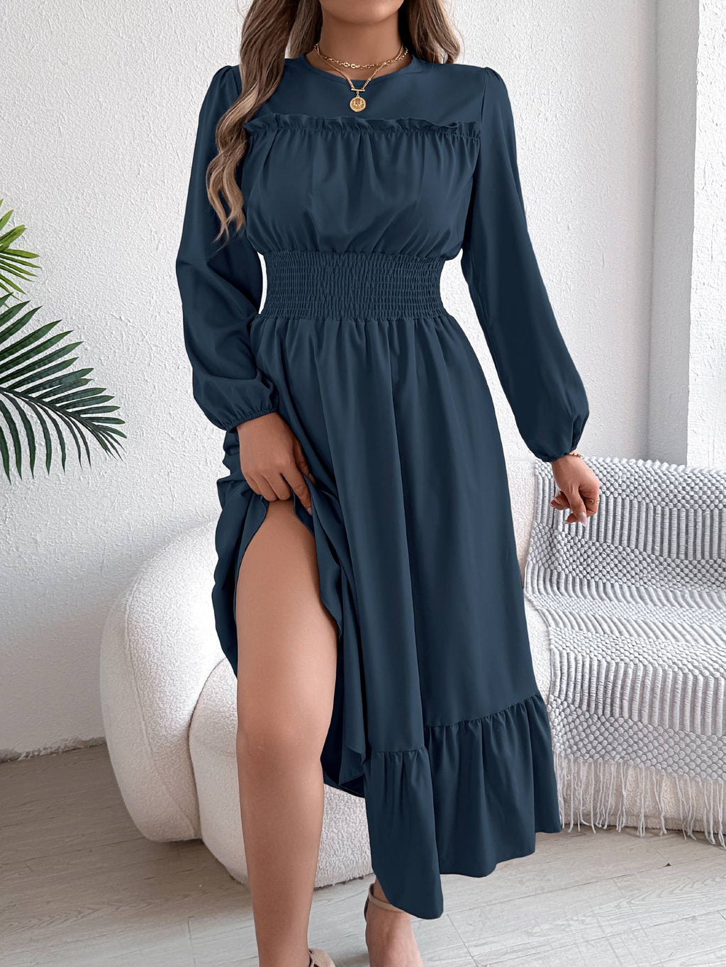 Autumn and winter casual elegant solid color round neck long sleeve cinched waist lotus leaf edge dress women's clothing Autumn and winter casual elegant solid color round neck long sleeve cinched waist lotus leaf edge dress women's clothing