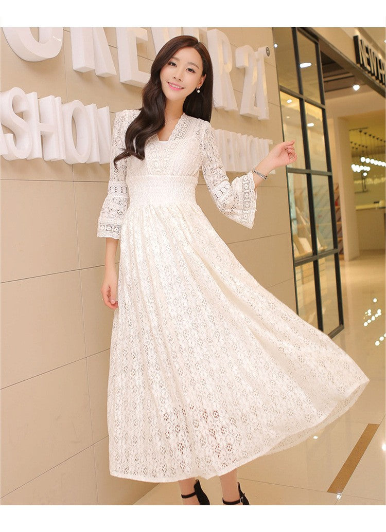 Slim fit women's lace V-neck beach dress holiday fashion trendy floral printed mid-length one-piece skirt Slim fit women's lace V-neck beach dress holiday fashion trendy floral printed mid-length one-piece skirt