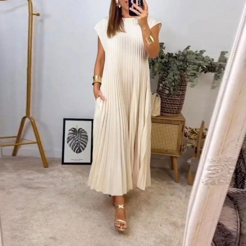 Elegant loose summer party dresses women fashion short sleeve casual a-line pleated long dress o-neck solid robe simple clothesElegant loose summer party dresses women fashion short sleeve casual a-line pleated long dress o-neck solid robe simple clothes
