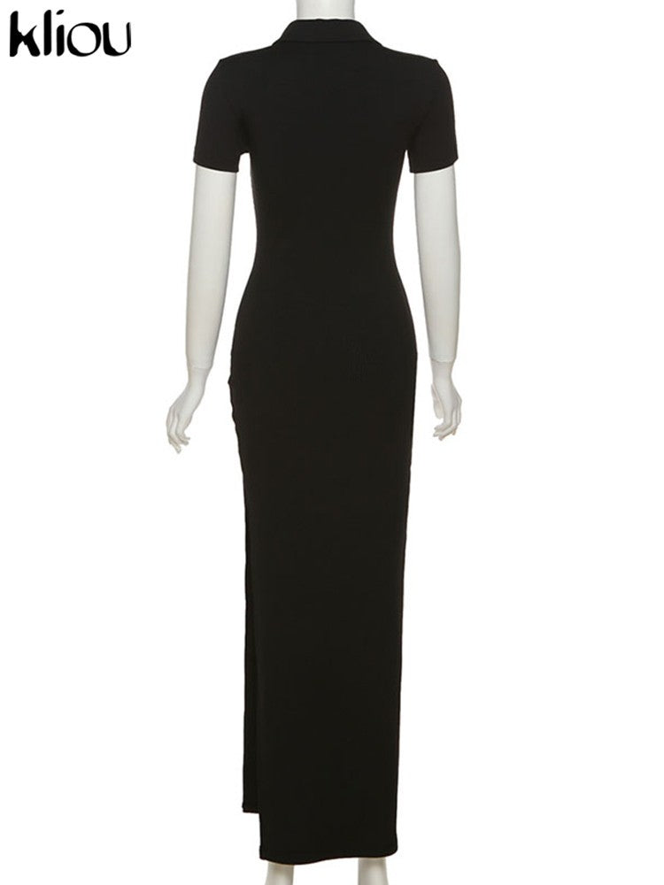 Kliou elegante senhora do escritório maxi vestido feminino sólido moda turn-do