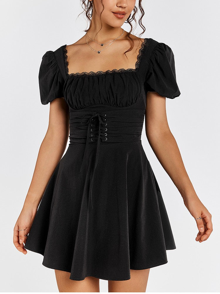 NewAsia-Women's Puff Sleeve Lace Mini Dress, Backless, Square Neck, Ruched, Short, Casual, Vacation, Party Wear, Waist Tie UpNewAsia-Women's Puff Sleeve Lace Mini Dress, Backless, Square Neck, Ruched, Short, Casual, Vacation, Party Wear, Waist Tie Up