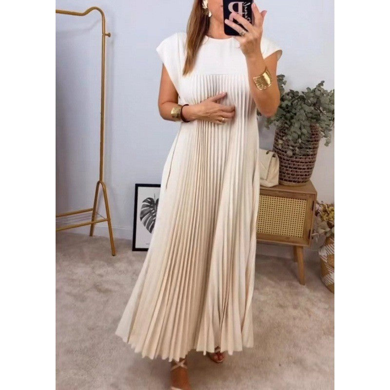 Elegant loose summer party dresses women fashion short sleeve casual a-line pleated long dress o-neck solid robe simple clothesElegant loose summer party dresses women fashion short sleeve casual a-line pleated long dress o-neck solid robe simple clothes