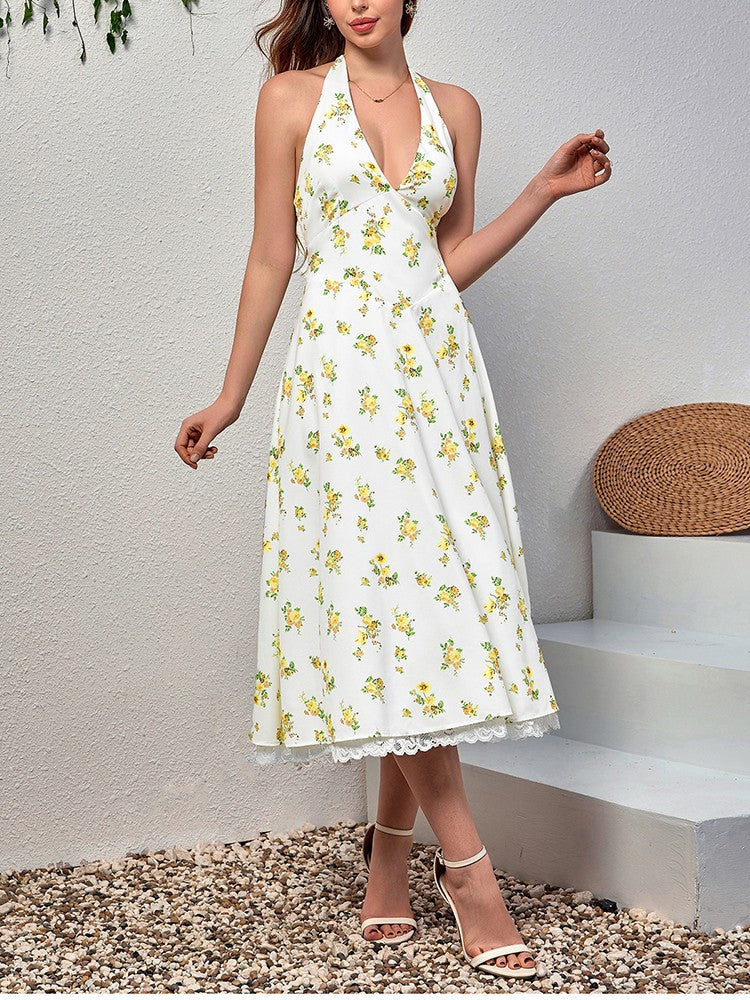 NewAsia Women's Sexy Deep V Neck Backless Floral Print Midi Dress Lace Halter Tie Up Fashion Casual Holiday Long Dresses Yellow NewAsia Women's Sexy Deep V Neck Backless Floral Print Midi Dress Lace Halter Tie Up Fashion Casual Holiday Long Dresses Yellow