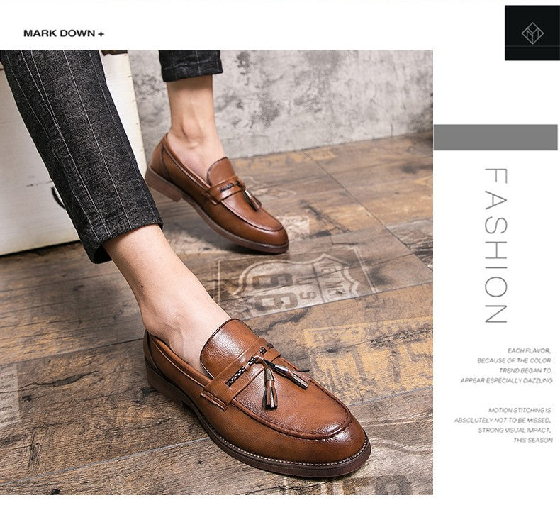 Men's casual pointed toe loafers, fringe shoes,