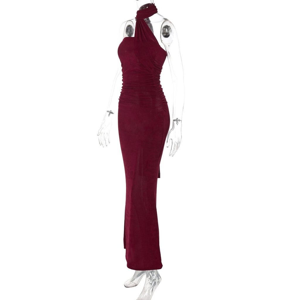 Hugcitar halter sólido sem mangas sem costas franzido sexy bodycon maxi vestido
