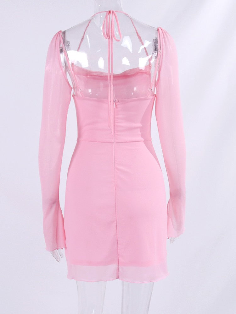 NewAsia Halter Ruffles Sleeves Mesh Pink Dress Women Sexy Solid Backless Bandage Mini Dress Summer Holiday Party Club NewAsia Halter Ruffles Sleeves Mesh Pink Dress Women Sexy Solid Backless Bandage Mini Dress Summer Holiday Party Club